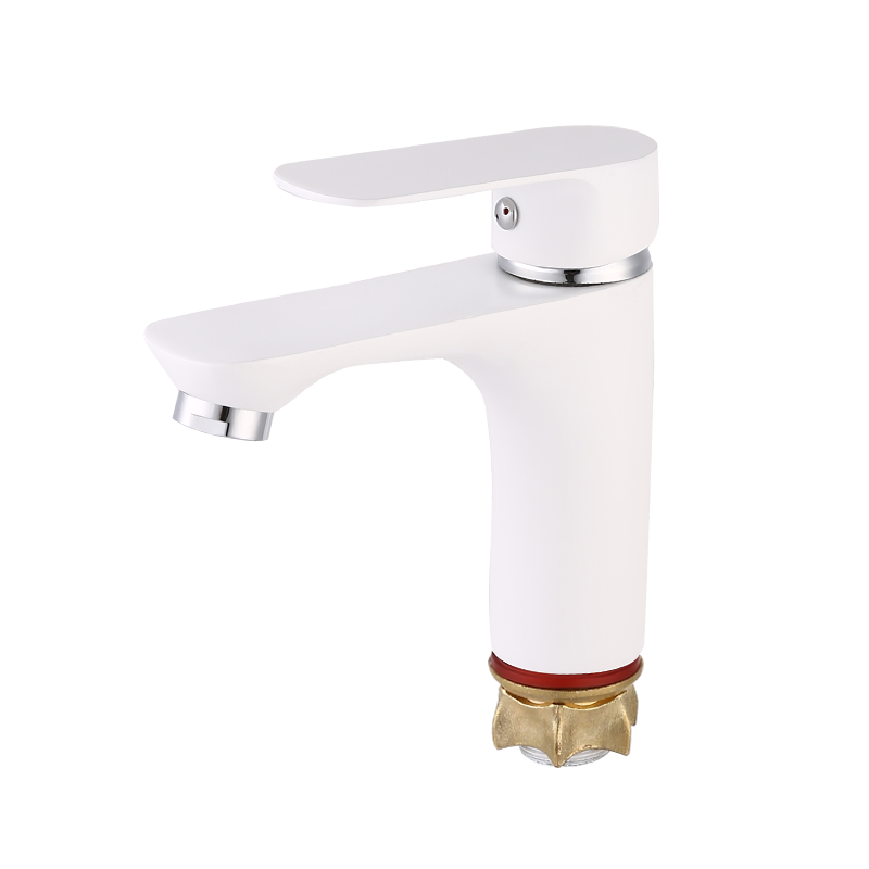 แล็กเกอร์สีขาวพร้อมขาตั้งและ faucet หลุมเดียวผลไม้แบนขนาดเล็ก